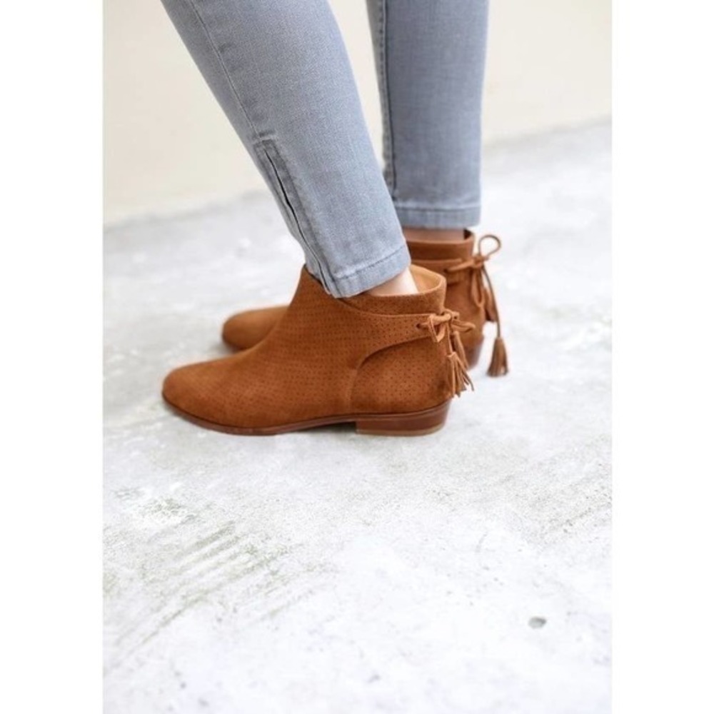 Sezane Tan Suede Ankle Boots with Tassel Back Detail